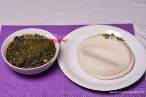 Afang Soup is a soup made with a variety of  vegetables. It can be prepared with waterleaves or okro, palm oil, assorted seafood/fish, meat, and spice often served anytime. This is served with garri, fufu, semovita etc. A delicacy you shouldn’t miss
